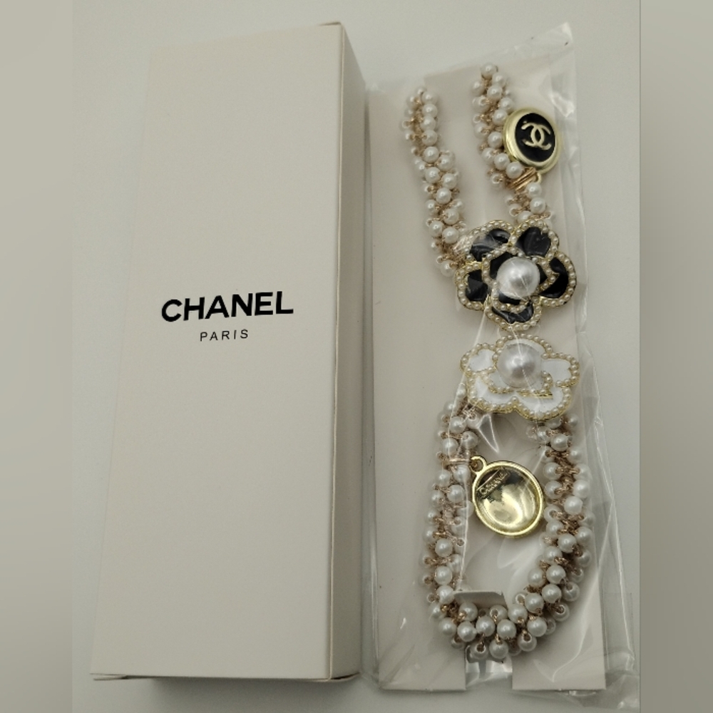 Chanel Pearl and Black Flower Necklace